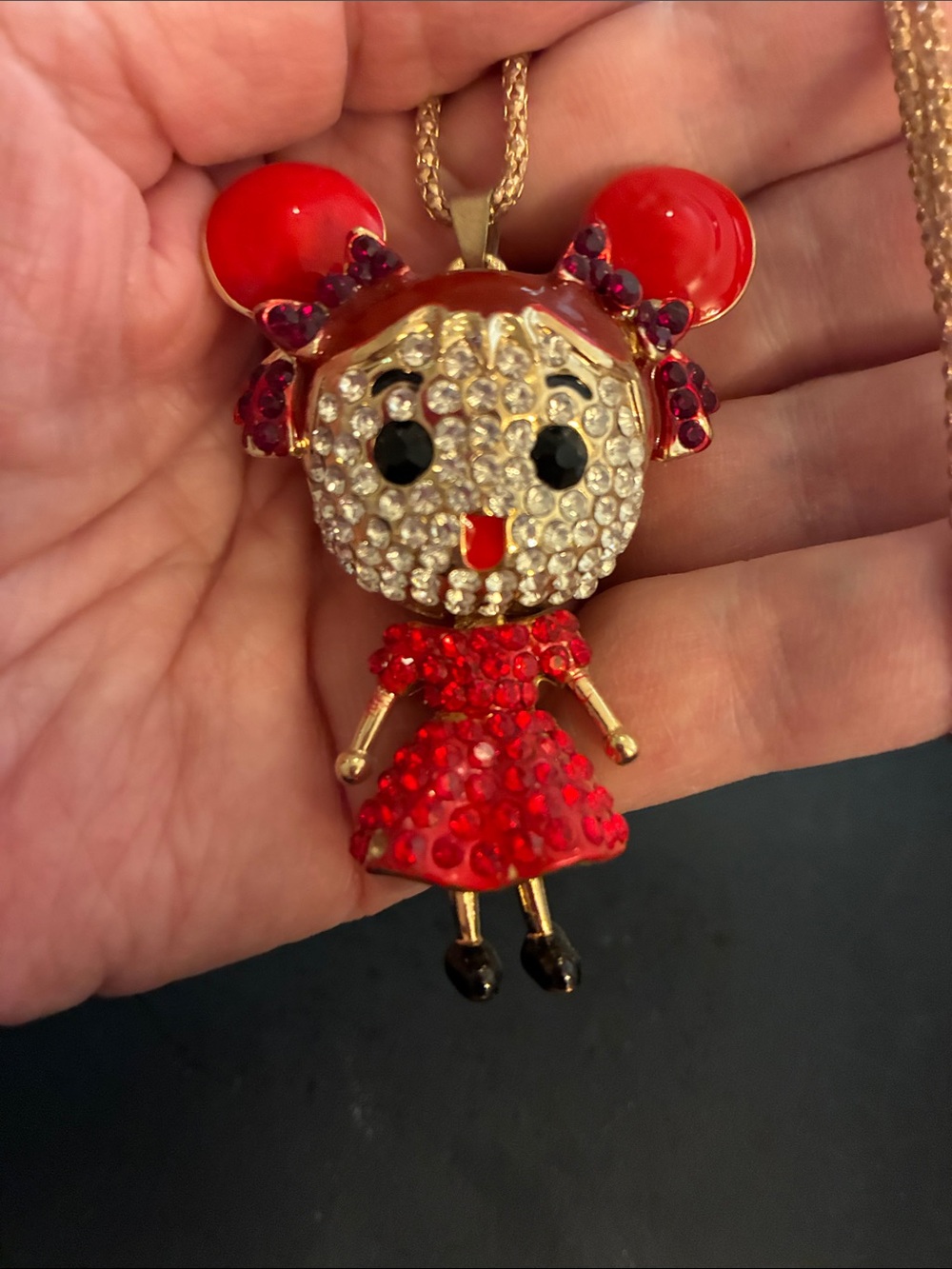 Doll Red Crystal Pendant. Her head turns, dress moves and feet move NWOT